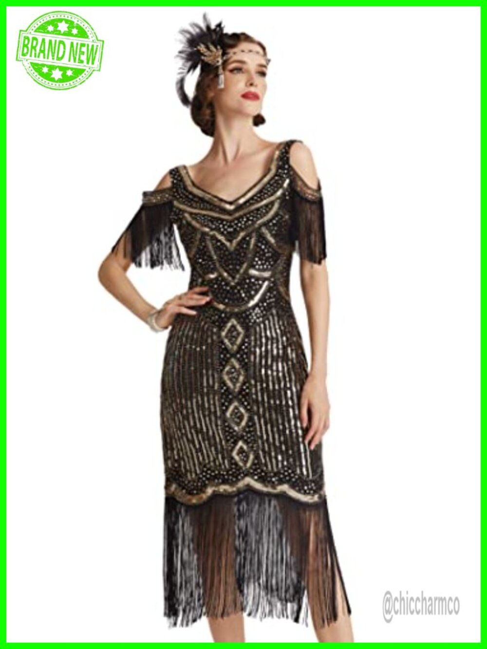 1920s Flapper Dress Sequin Beaded Fringe V-Neck Gatsby Party